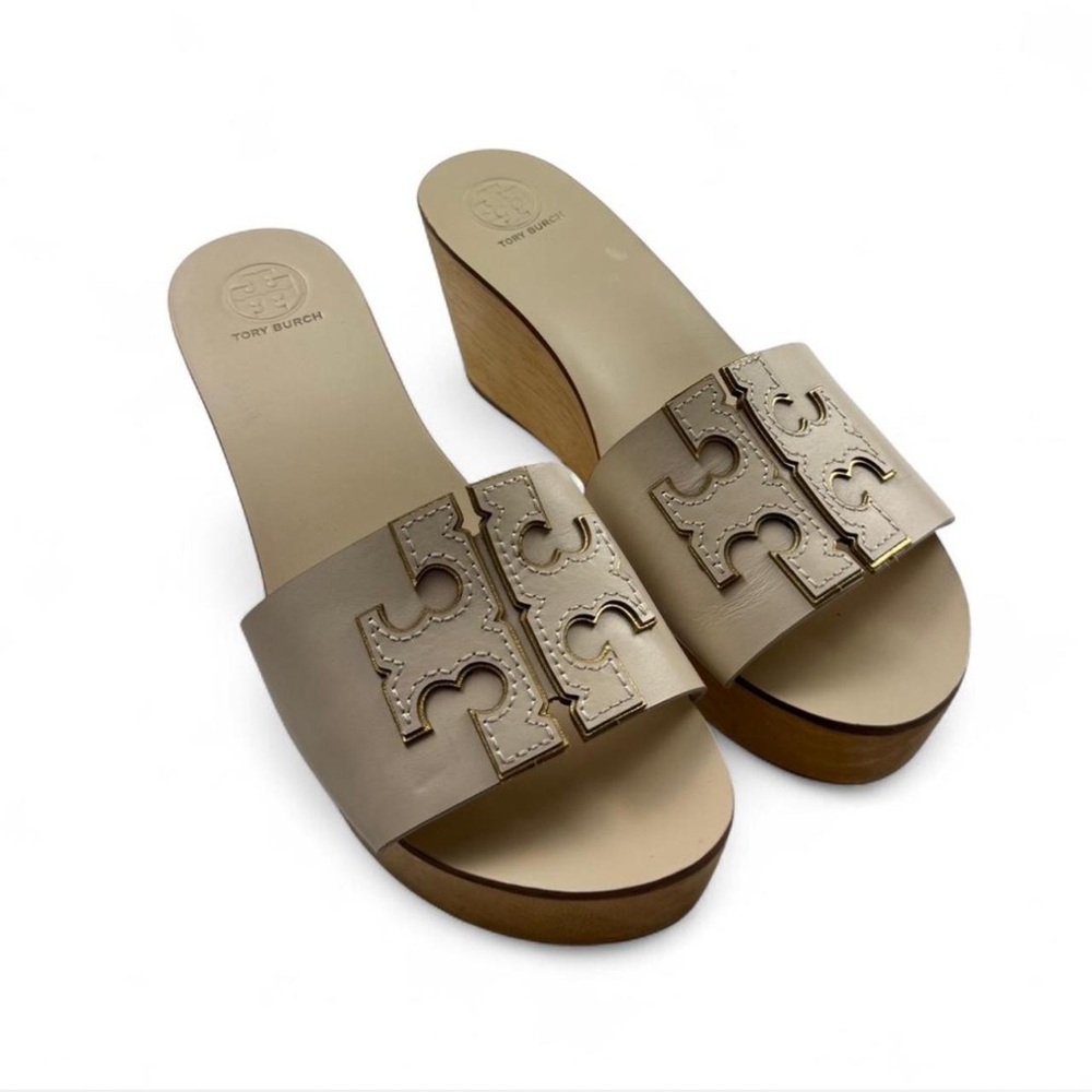 Tory Burch Platform Wedges Cream Beige Leather Logo Slides Size 6.5